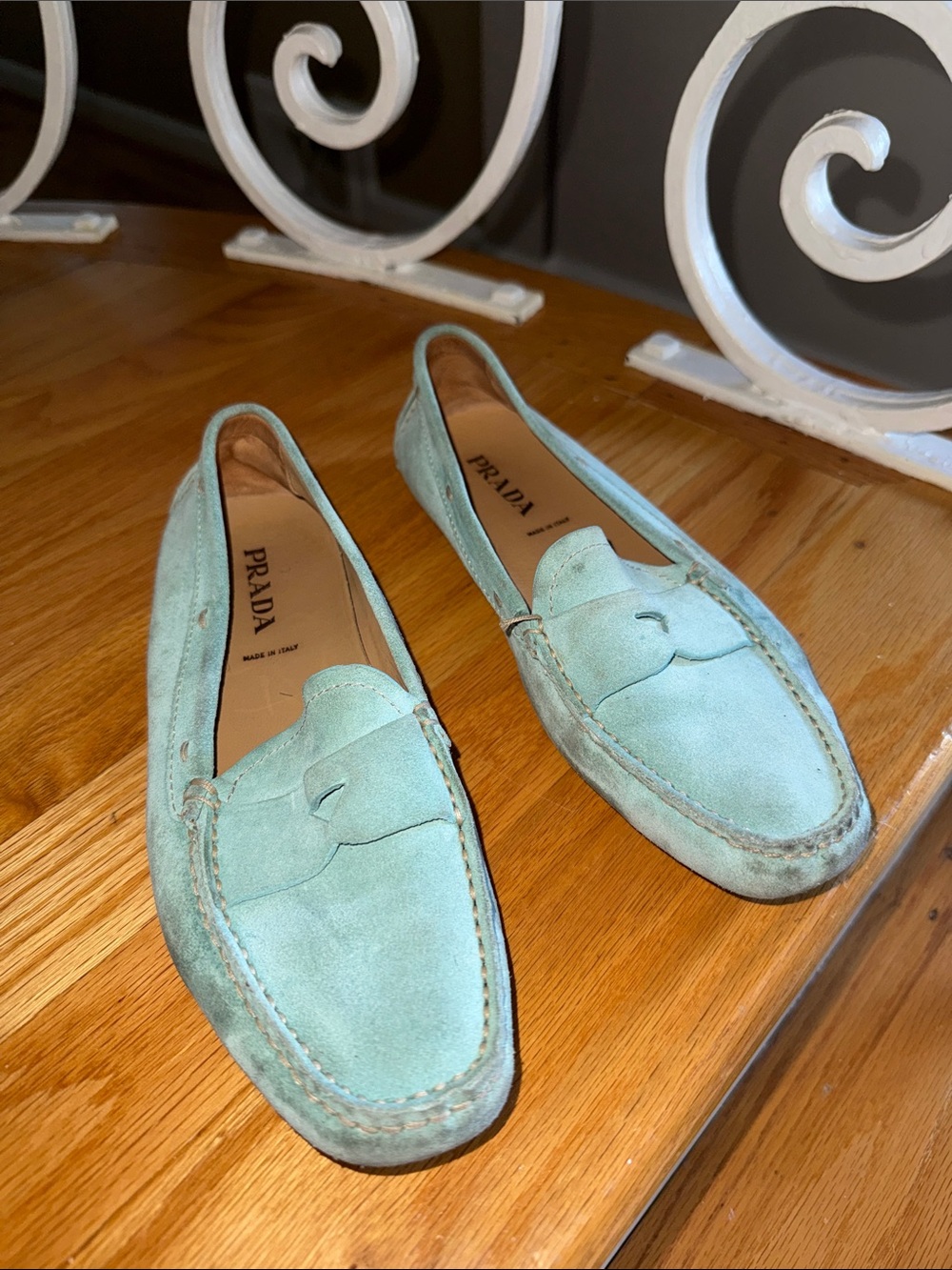Prada Mint Green Suede Penny Loafers